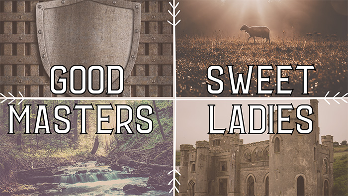 A metal shield, a sheep in a field, a river running through green forest, and the outside of a grey castle