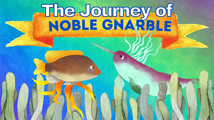 A pink and white fish with a long straight horn on its head greets a brown and gold fish among the seaweed